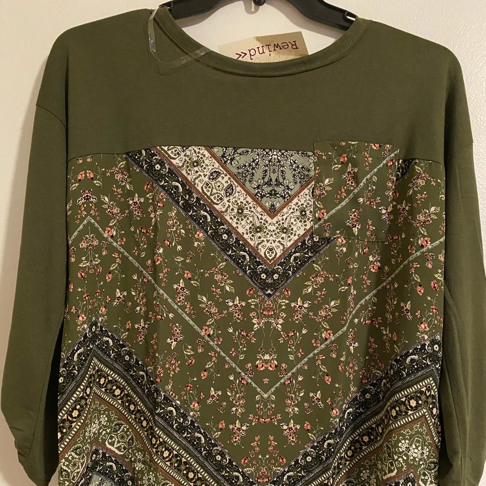 Olive Green Paisley Color Block Blouse